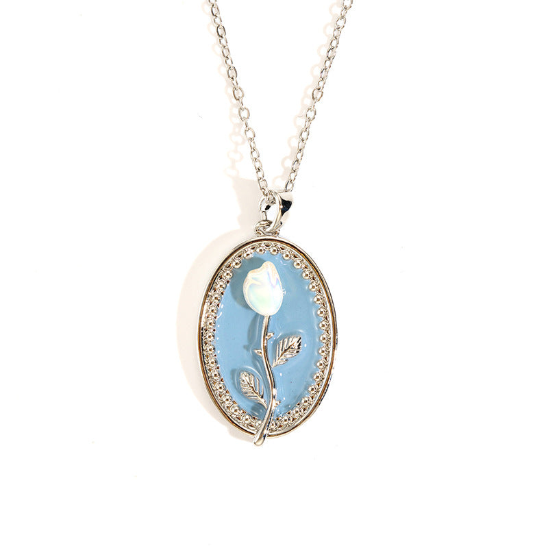 Wholesale rose oil painting high-grade necklace pearl color simple clavicle chain stainless steel plated 18k gold necklace for women